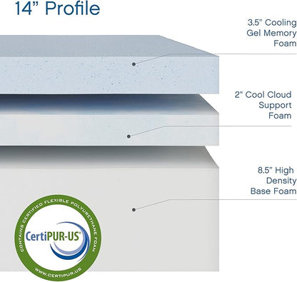 Cool Gel Chill 14 Inch Medium Firm Memory Foam Mattress Twin XL Size, with Bonus Cool Gel Memory Foam Bed Pillow, 14" with Pressure Relief, CertiPUR-US Certified, Cooling Twin XL Mattress in a Box