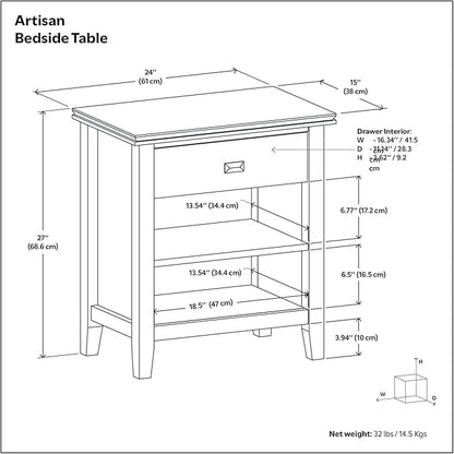 SIMPLIHOME Artisan Bedside Table - 24 inch Wide Solid Wood Nightstand Table in Warm Walnut Brown, Contemporary Bedroom Side or End Table with 1 Drawer, Open Shelf Storage and Bronze Knobs