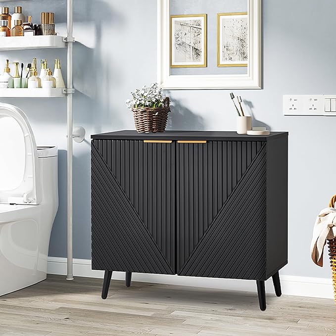 Fluted Storage Cabinet with Doors, Wood Sideboard Buffet Cabinet with Adjustable Shelf, Modern Accent for Living Room, Entryway (Set of 3, Black)