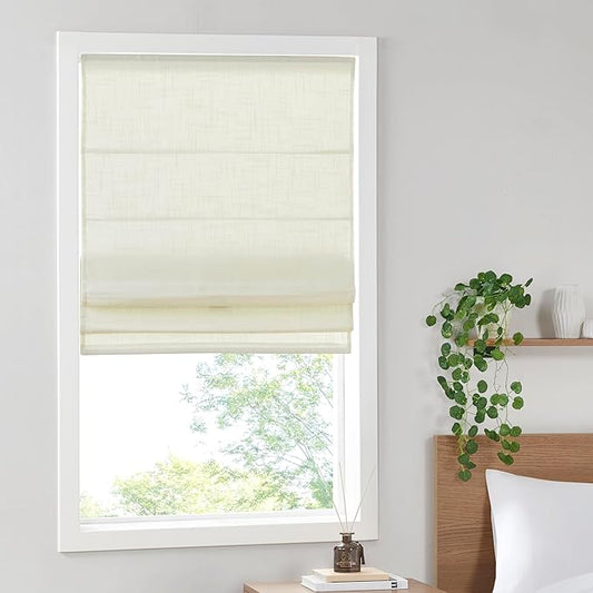 Madison Park Kyler Cordless Roman Shades - Single Panel, Lightweight Linen Blend Fabric, Natural Design, Easy Installation, Light Filtering Window Blind, Bedroom, Living Room Decor 31"W x 64"L Ivory