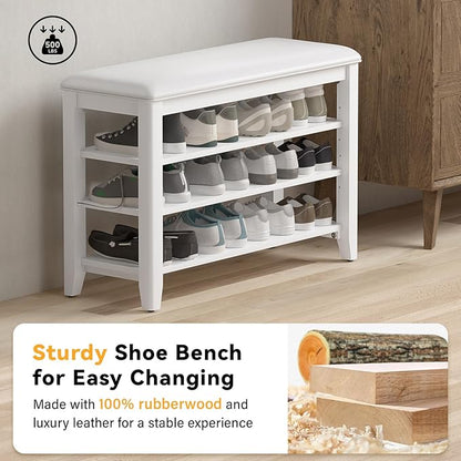 Entryway Shoe Storage Bench with Leather Cushion, Shoe Organizer Bench for Entryway, Ideal for Hallways Front Doors Entrances Mudrooms Featuring Rubberwood And 3 Height-Adjustable & Removable Shelve