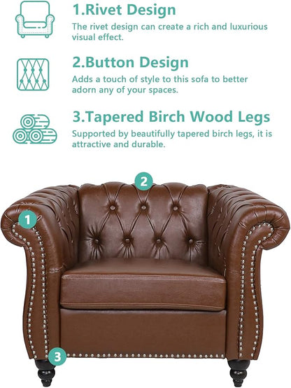 Accent Sofa Chair for Living Room, Modern PU Leather Upholstered Armchair, Oversized Comfy Single Sofa Chair with Cushion, Mid Century Tufted Chesterfield Sofa Couch for Bedroom, Apartment (Brown)