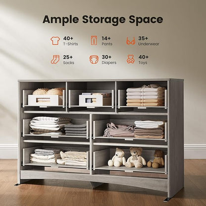 Amada Modern 7 Drawer Dresser, Fluted Wood Chest of Drawers with Rounded Corners, Pre-Installed Drawer Slides, Dresser TV Stand and Storage Organizer for Bedroom, Hallway, Grey