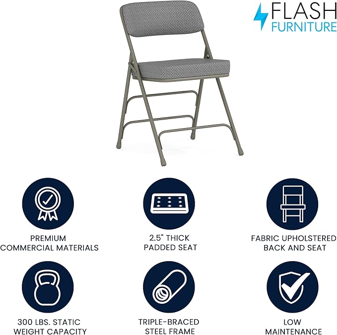 Flash Furniture Hercules Series Metal Folding Chair with Cushioned Seat, Fabric Upholstered Event Chair with 300-lb. Static Weight Capacity, Gray