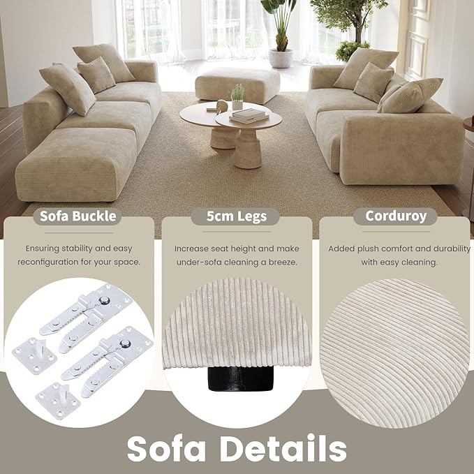 WJShome Oversized Modular Sectional Sofa with Ottomans,6 Seater Corduroy V Shaped Reversible Corner Couch,141.73" Convertible Sofa & Couch Free Combination for Living Rooom,Beige