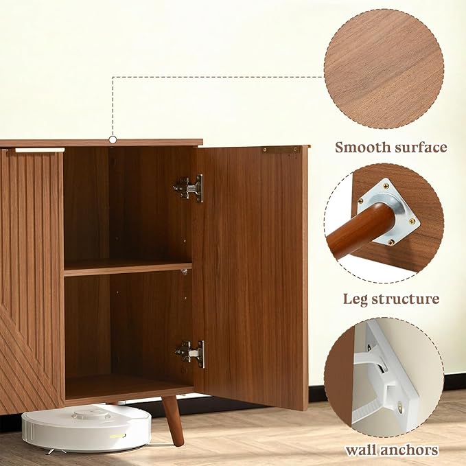 Fluted Storage Cabinet with Doors Set of 2, Wooden Sideboard Buffet Cabinet with Adjustable Shelves, Modern Accent Table for Living Room, Entryway, Brown