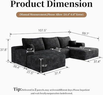 107.5" Cloud Modular Sectional with Ottoman, U-Shaped Sofa for Living Room, Modern Minimalist Couches, Deep Seat Comfy Couch & Reversible Chaise, No Assembly Required (Black, Right Facing Chaise)