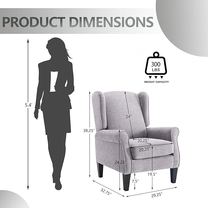 Accent Chair, Light Grey Bedroom Upholstered Armchair in Fabric, Modern Living Room Chairs with Wingback, Business Single Sofa Seat for Office, Sillones para Sala