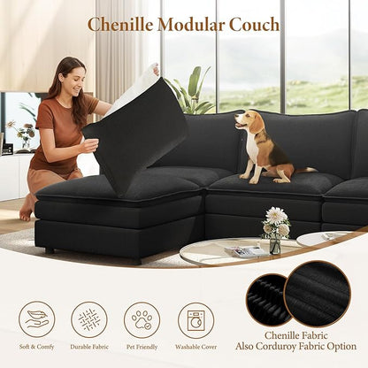Vesgantti 108" V-Shaped Corner Couch Sectional, 7 Seat Customizable Modular Cloud Couches with Movable Ottoman, Chenille Deep Seat Sofa Set with Chaise for Living Room, Bedroom and Apartment, Black