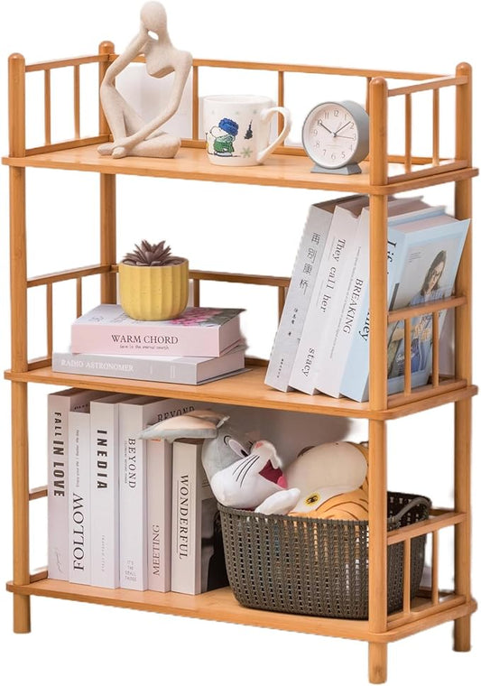 GOGOGO Expandable Bamboo Bookshelf - No Assembly & Modular, Bamboo 3-Tier Shelf & Ladder Shelf, Eco-Friendly Small Bookcase for Home Office- Useful Home & Housewarming Gift(Natural, 11.8" H(3 Tier))
