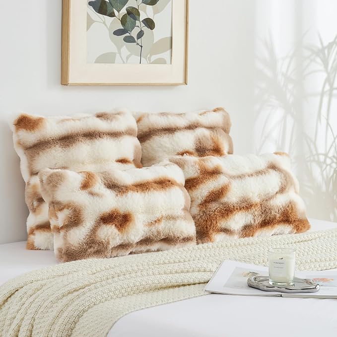FUTEI Brown White Decorative Throw Pillow Covers 24x24 Inch Set of 2,Soft Fuzzy Faux Rabbit Fur European Cushion Covers with Raised Texture,Neutral Boho Home Decor for Couch Bed Living Room