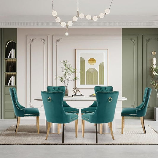 Velvet Upholstered Dining Chairs Set of 8, Modern Style Kitchen Side Chairs with Nailhead Trim and Gold Plated Leg, Metal Pulling Ring for Dining Room Living Room(Green)