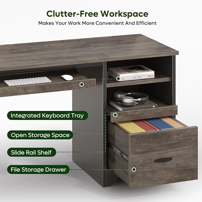 Bestier 47" Office Desk with Drawers, Industrial Computer Desk with Drawer, Reversible Teacher Desk with Storage & Keyboard Tray for Small Space Home Office & Studio, Gray Wash