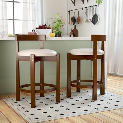 COSTWAY 24” Counter Height Bar Stools Set of 2, Linen Upholstered Bar Chairs with Backrests and Footrests, Wood High Barstools for Kitchen Island and Dining Room (Walnut)