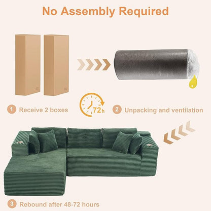 Modular Sectional Sofa, L Shaped Comfy Cloud Couch with Deep Seat, Boneless Couch for Living Room, Modern Sectional Sleeper with Chaise, No Assembly Required, Sofa in A Box, Green Corduroy