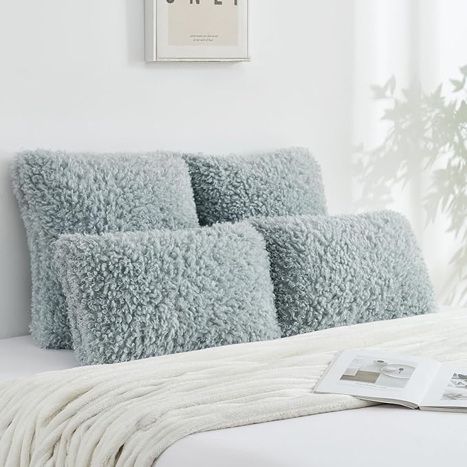 FUTEI Light Blue Decorative Throw Pillow Covers 12x20 Inch Set of 2,Soft Fluffy Faux Wool Fur Boucle Textured Lumbar Pillow Case,Modern Home Decor for Couch Bed Living Room Office