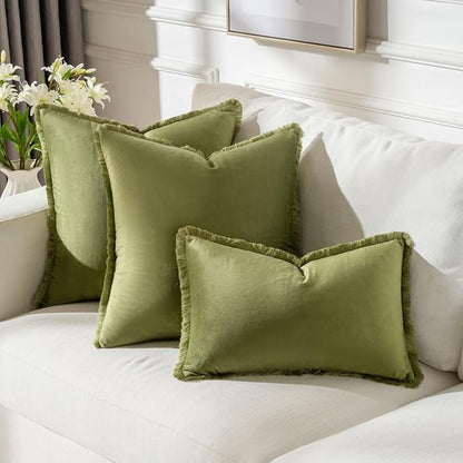 FUTEI Sage Green Velvet Decorative Throw Pillow Covers 12x20 Set of 2,Soft Cozy Edge with Tassels Lumbar Pillow Cases,Boho Modern Home Decor for Couch Bed Living Room