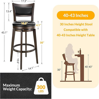 PrimeZone Swivel Bar Stools Set of 8, 30 Inch Bar Height Barstools, Black Faux Leather Bar Stool with High Backrest & Solid Wood Legs & Wrap-Around Footrest, Counter Stools for Kitchen Island, Pub