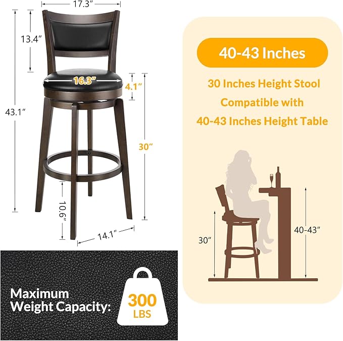 PrimeZone Swivel Bar Stools Set of 2, 30 Inch Bar Height Barstools, Black Faux Leather Bar Stool with High Backrest & Solid Wood Legs & Wrap-Around Footrest, Counter Stools for Kitchen Island, Pub