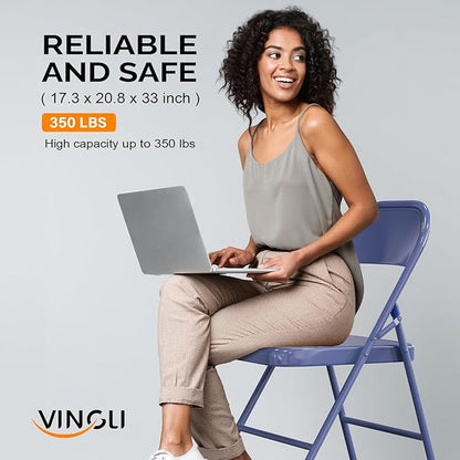 VINGLI Folding Chairs All Steel Metal Frame, Capacity 350 lbs, Durable Portable and Versatile for Indoor Outdoor Use, Darkblue, Set of 4