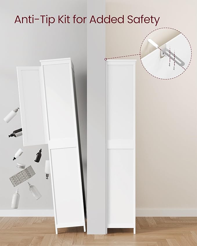 VASAGLE Floor Storage Cabinet, Freestanding Storage Unit with 4 Doors, Adjustable Shelves, 11.8 x 23.6 x 66.9 Inches, for Entryway, Bathroom, Cloud White UBBC550W01