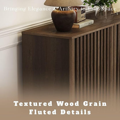 LukeAlon Fluted Sideboard Cabinet with Storage, Mid-Century Modern Accent Buffet Cabinet, 31.5" Height Wooden Small Credenza Cabinets for Living Room Dining Room Entryway Hallway, Walnut Color