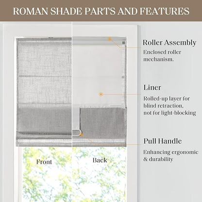 Madison Park Kyler Cordless Roman Shades - Single Panel, Lightweight Linen Blend Fabric, Natural Design, Easy Installation, Light Filtering Window Blind, Bedroom, Living Room Decor 29" W x 64" H Grey