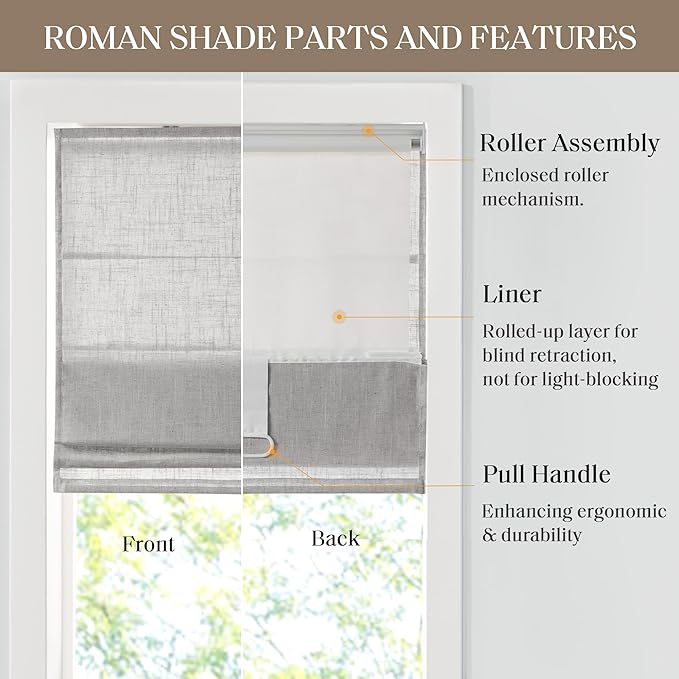 Madison Park Kyler Cordless Roman Shades - Single Panel, Lightweight Linen Blend Fabric, Natural Design, Easy Installation, Light Filtering Window Blind, Bedroom, Living Room Decor 35" W x 64" H Grey