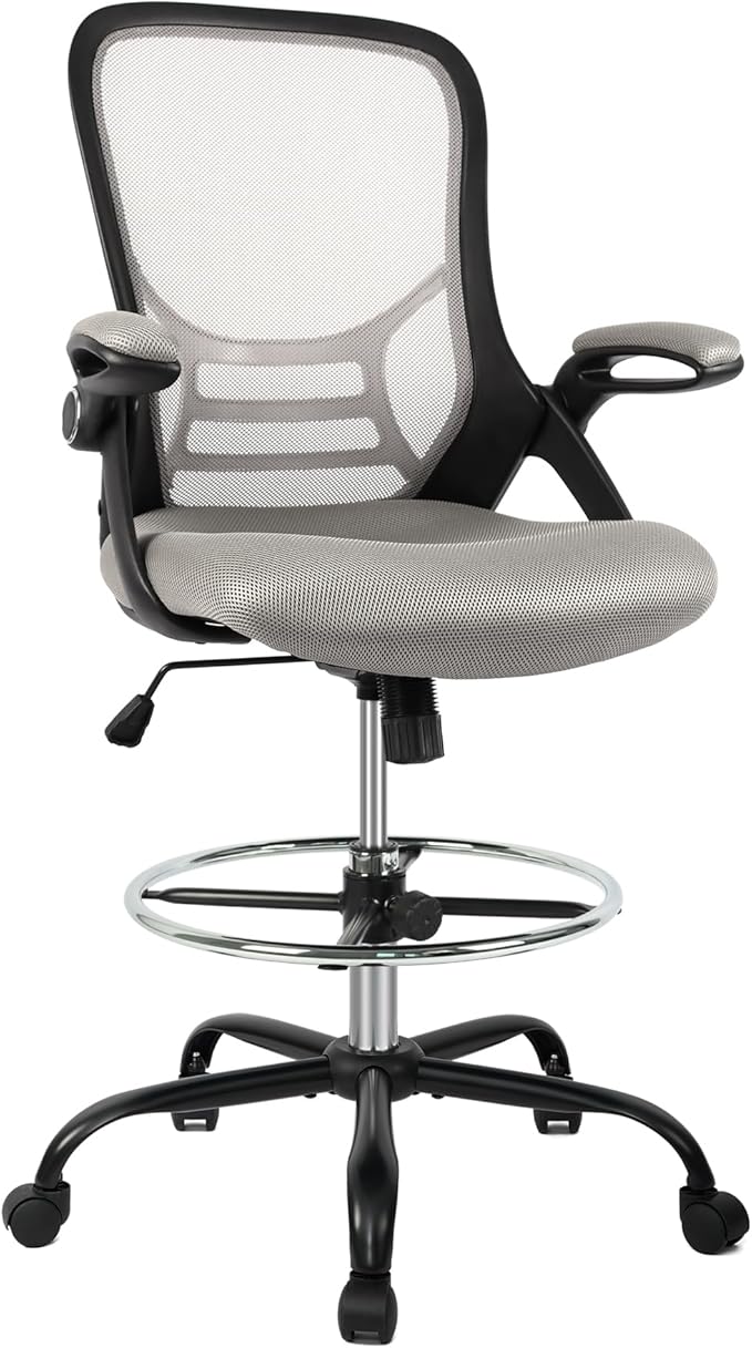 HYLONE Drafting Chair, Tall Office Chair Standing Desk Chair Grey Mesh High-Back Drafting Stool with Flip-Up Arms, Adjustable Foot Ring