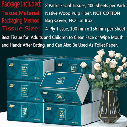 8 Packs Disposable Facial Tissue, Toilet Paper, Native Wood Pulp Fiber Material, Soft Facial Napkin, White Facial Paper Tissue, 4-Ply, 400 Sheets per Pack