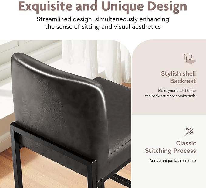 ALPHA HOME 24 Inch Bar Stools Set of 3, Kitchen Counter Stools with Backs, PU Leather Barstools, Kitchen Stools with Back&Upholstered Footrest, Sturdy Chromed Metal Steel Frame, Grey
