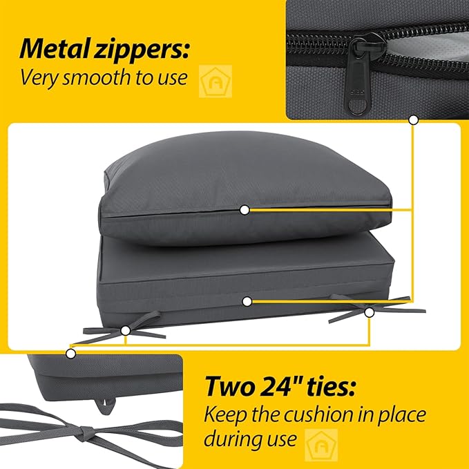 AAAAAcessories Outdoor Deep Seat Cushions, Waterproof, Fade-Resistant Patio Furniture Replacement Cushions, 25.5" x 25.5" x 5" + 25.5" x 13.5", Dark Gray