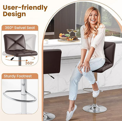 COSTWAY Bar Stools Set of 4, Modern PU Leather Swivel Bar Chairs, Height Adjustable Upholstered Barstools with Premium Gas Rod, Sturdy Footrest, Round Base, for Kitchen, Dining Room, Office,Brown