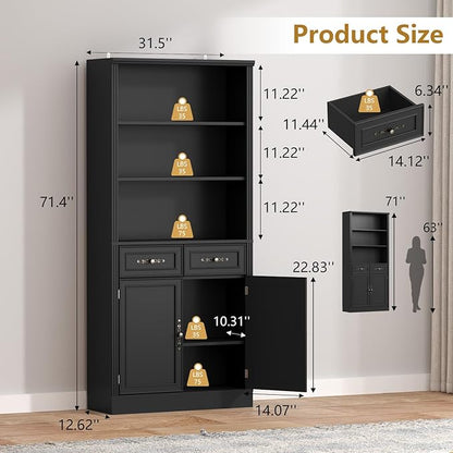 72'' Tall Bookcase with Doors and Drawers, Adjustable Shelves, P2 MDF Construction, 32'' Wide Freestanding Cabinet with Metal Handles, Hidden Storage for Living Room, Bedroom, Black