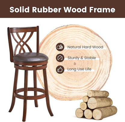 COSTWAY Bar Stools Set of 4, 360° Swivel Chairs with Rubber Wood Frame, 30-Inch PU Leather Cushioned Seat and Footrests, for Kitchen Island, Dining Room, Bar (Brown-30 inches, 4 stools)