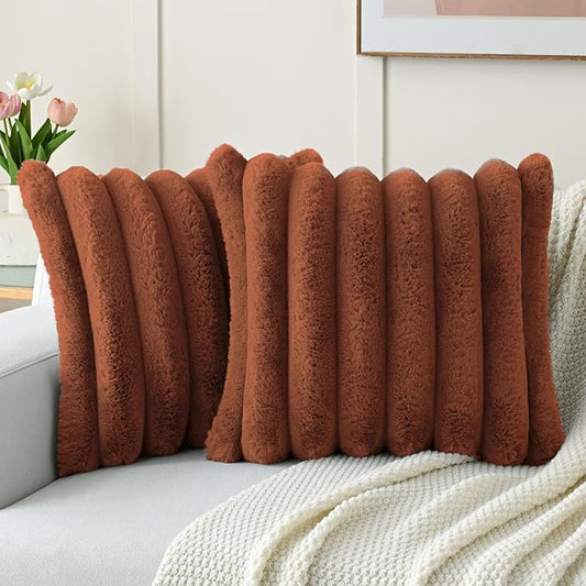 FUTEI Rust Decorative Throw Pillow Covers 24x24 Inch Set of 2, Square Soft Faux Rabbit Fur Big Striped Pillow Sham,Home Decor for Couch Sofa Bed Living Room