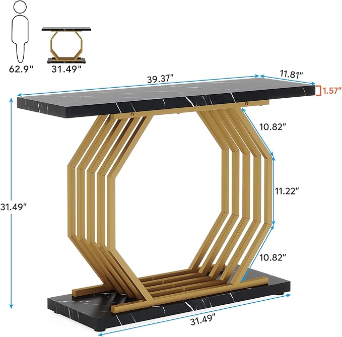 Tribesigns Gold Console Table, Faux Marble Entryway Table Narrow Sofa Table with Geometric Metal Base, 40 Inch Modern Accent Table Entrance Table for Living Room, Hallway, Foyer, Black