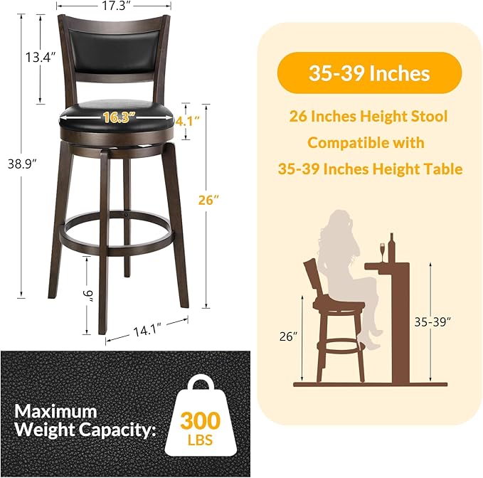 PrimeZone Swivel Bar Stools Set of 2, 26 Inch Counter Height Barstools, Black Faux Leather Bar Stool with High Backrest & Solid Wood Legs & Wrap-around Footrest, Counter Stools for Kitchen Island, Pub