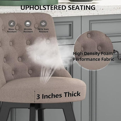 MINCETA Set of 2 Upholstered Bar Stools - 26 Inch Swivel Counter Height Stools with Low Tufted Back, Footrest & Performance Fabric - Round Seat for Kitchen Island & Home Bar Taupe