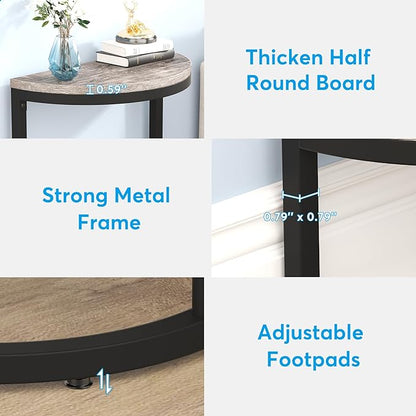 Tribesigns 2-Tier End Table Semi Circle, Small Half Round Side Table with Storage Shelf, Wood Accent Table Slim C Table for Sofa Couch, Living Room, Bedroom, Easy Assembly, Rustic Grey & Black