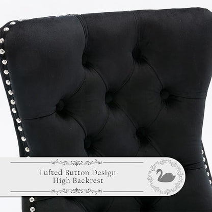 Velvet Upholstered Dining Chairs Set of 8, Modern Style Kitchen Side Chairs with Nailhead Trim and Wood Legs,Metal Pulling Ring for Dining Room Living Room(Black)