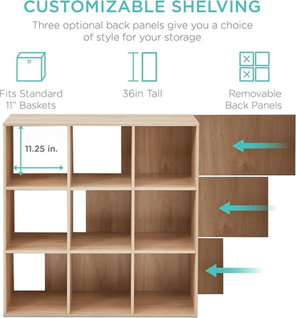 Best Choice Products 9-Cube Storage Organizer, 11in Shelf Opening, Bookcase, Display Shelf, Customizable w/ 3 Removable Back Panels - Light Oak