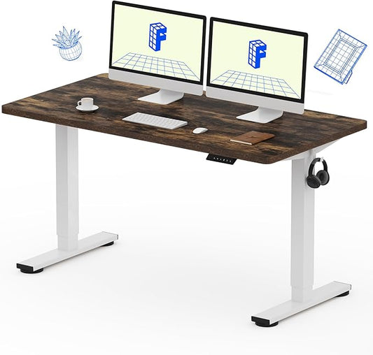 FLEXISPOT EN1 One-Piece 55 x 28 Inches Electric Stand Up Desk Workstation Home Office Computer Standing Table Height Adjustable Desk (White Frame + Rustic Top, 2 Packages)