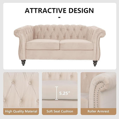 Chesterfield Loveseat Sofa, Modern Velvet Small Sofa Couch 2 Seater with Rolled Arms and Nailhead, Mid Century Modern Loveseat Couch for Small Spaces Living Room Bedroom Apartment, Beige