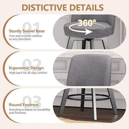 MINCETA Bar Stools Set of 2, 26 Inch Upholstered Barstools with High Back and Footrest, Swivel Counter Height Barstools for Kitchen Island Home Bar Gray