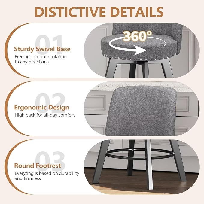 MINCETA Bar Stool, 26 Inch Upholstered Barstool with High Back and Footrest, Swivel Counter Height Barstool for Kitchen Island Home Bar Gray