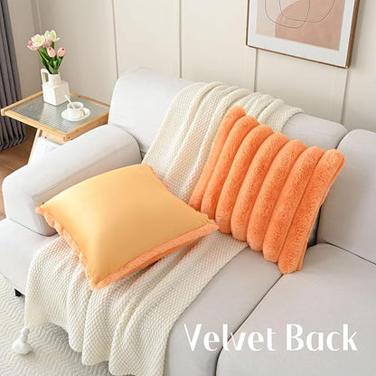 FUTEI Orange Decorative Throw Pillow Covers 16x16 Inch Set of 2, Square Soft Faux Rabbit Fur Thick Striped Cushion Cover,Winter Home Decor for Couch Bed Living Room