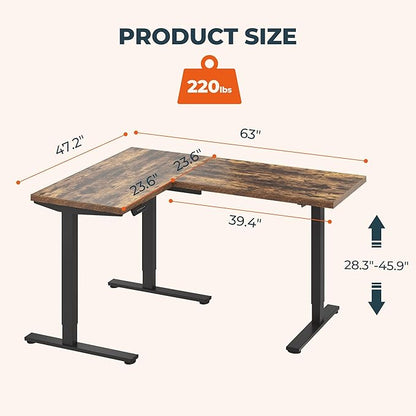 L-Shaped Standing Desk, 63 x 47 Inches Height Adjustable Desk with Storage, Sit and Stand up Desks, Ergonomic Rising Computer Table for Home Office with Splice Board, Rustic Brown
