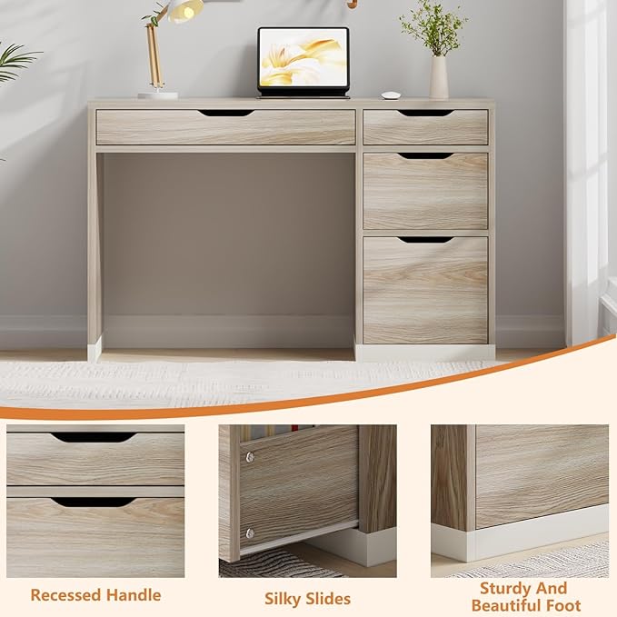48 Inch Small Desk with Drawers, Computer Desk with Storage File Cabinet for Bedroom, Office Desk with Storage for Small Space, Walnut