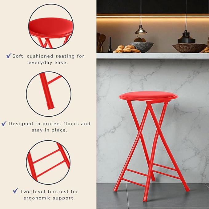Lavish Home Folding Stool Set - Set of Two 24-Inch Padded Stools with 225lb Capacity for Kitchen, Dorm, or Rec Room - Portable Stools for Adults - Collapsible Sitting Stool Set for Seating (Red)